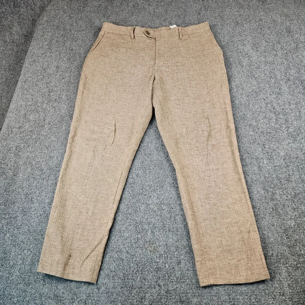 Banana Republic Mens 35x30 Tailored Linen-Blend Herringbone Trousers Tan Brown